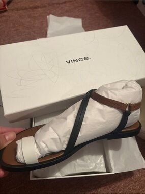 Vince Navy, Brown & White Leather Strappy Flat Sandal